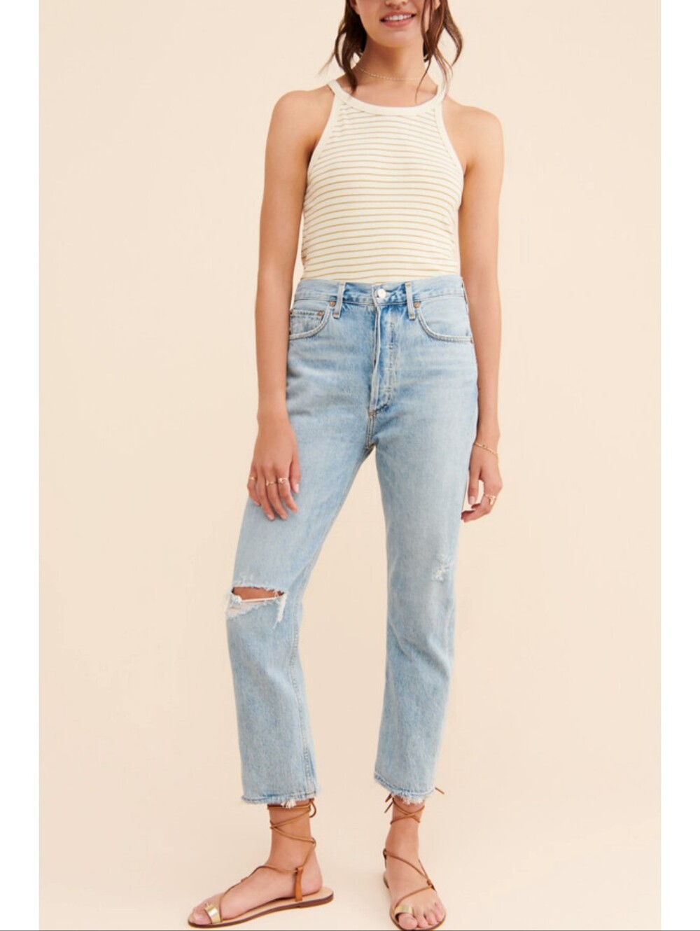AGOLDE Riley Jeans Shatter Size 26 Light Blue High Rise Straight Ripped Knee